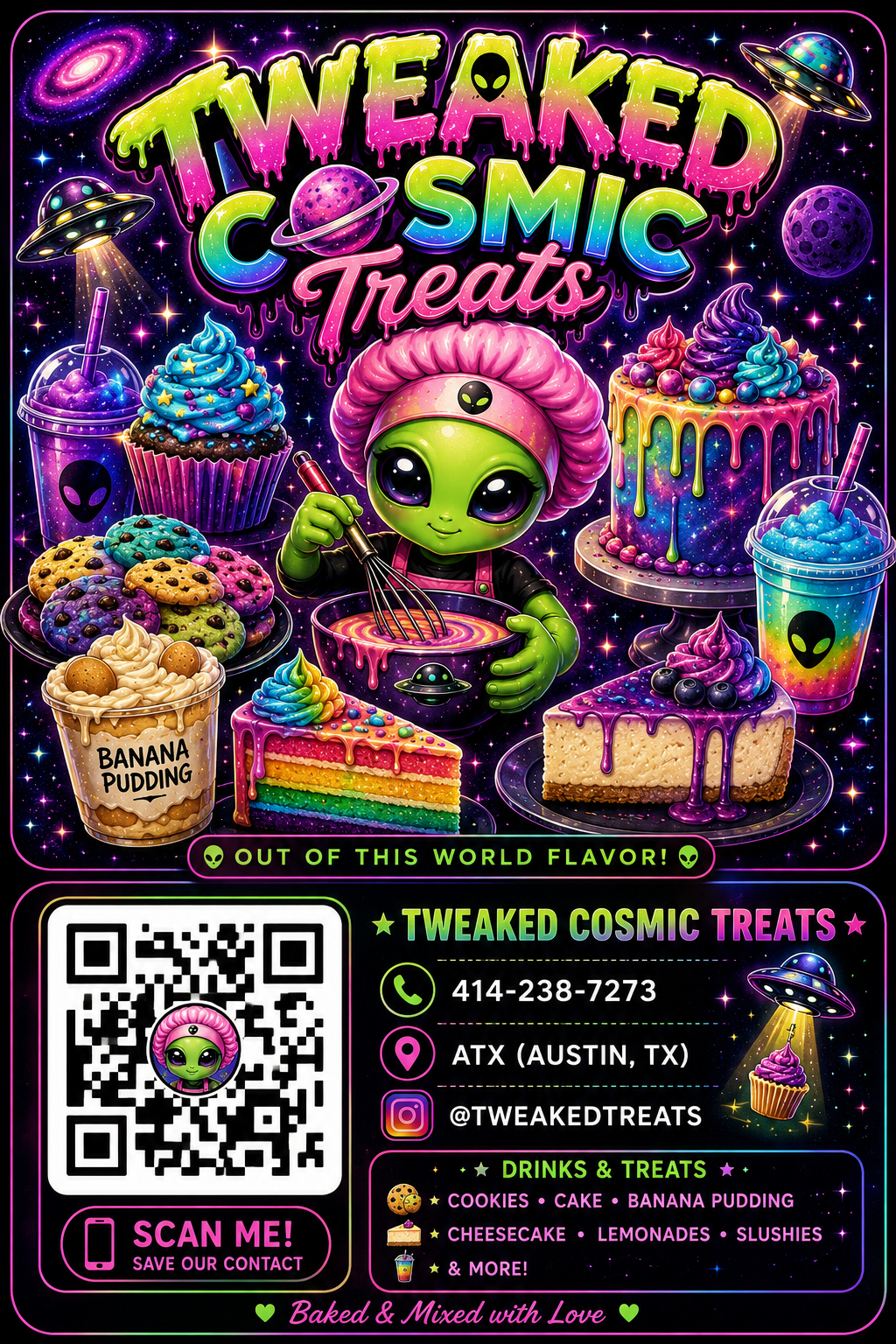Tweaked Cosmic Treats alien baker and colorful desserts